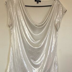 Premise Shimmery Draped Cowl Neck Cap Sleeve Top in Pearlescent White